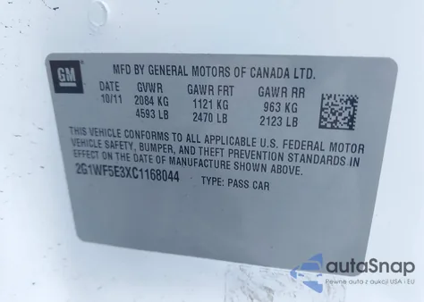 2012 Chevrolet Impala Ls z USA, uszkodzony, nr VIN 2G1WF5E3XC1168044